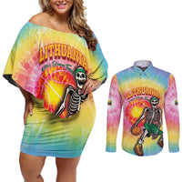 Lithuania Basketball Custom Couples Matching Off Shoulder Short Dress and Long Sleeve Button Shirt 100th Anniversary Skeleton Colorful Tie Dye - Wonder Print Shop