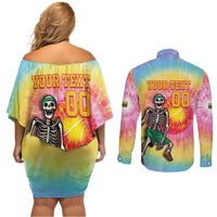 Lithuania Basketball Custom Couples Matching Off Shoulder Short Dress and Long Sleeve Button Shirt 100th Anniversary Skeleton Colorful Tie Dye - Wonder Print Shop