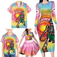 Lithuania Basketball Custom Family Matching Long Sleeve Bodycon Dress and Hawaiian Shirt 100th Anniversary Skeleton Colorful Tie Dye - Wonder Print Shop