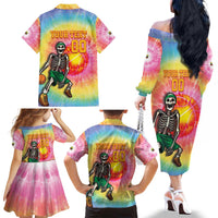 Lithuania Basketball Custom Family Matching Off The Shoulder Long Sleeve Dress and Hawaiian Shirt 100th Anniversary Skeleton Colorful Tie Dye - Wonder Print Shop