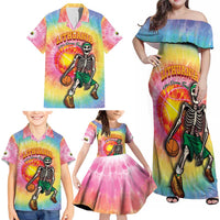 Lithuania Basketball Custom Family Matching Off Shoulder Maxi Dress and Hawaiian Shirt 100th Anniversary Skeleton Colorful Tie Dye - Wonder Print Shop