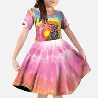 Lithuania Basketball Custom Kid Short Sleeve Dress 100th Anniversary Skeleton Colorful Tie Dye - Wonder Print Shop