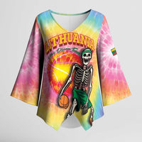 Lithuania Basketball Custom Kimono Sleeve Blouse 100th Anniversary Skeleton Colorful Tie Dye - Wonder Print Shop