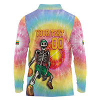 Lithuania Basketball Custom Long Sleeve Polo Shirt 100th Anniversary Skeleton Colorful Tie Dye - Wonder Print Shop