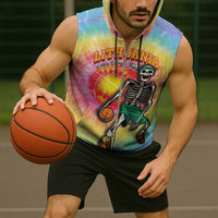 Lithuania Basketball Custom Sleeveless Zip Hoodie 100th Anniversary Skeleton Colorful Tie Dye - Wonder Print Shop