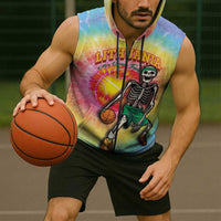 Lithuania Basketball Custom Sleeveless Zip Hoodie 100th Anniversary Skeleton Colorful Tie Dye - Wonder Print Shop