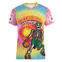 Lithuania Basketball Custom Women V-Neck T-Shirt 100th Anniversary Skeleton Colorful Tie Dye - Wonder Print Shop