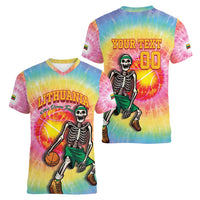 Lithuania Basketball Custom Women V-Neck T-Shirt 100th Anniversary Skeleton Colorful Tie Dye - Wonder Print Shop