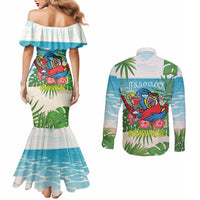 Guyana Christmas Couples Matching Mermaid Dress and Long Sleeve Button Shirt Chilling Macaw It's 5 o'clock Somewhere - Wonder Print Shop