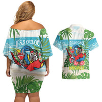 Guyana Christmas Couples Matching Off Shoulder Short Dress and Hawaiian Shirt Chilling Macaw It's 5 o'clock Somewhere - Wonder Print Shop