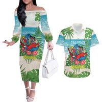 Guyana Christmas Couples Matching Off The Shoulder Long Sleeve Dress and Hawaiian Shirt Chilling Macaw It's 5 o'clock Somewhere - Wonder Print Shop
