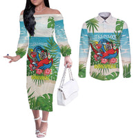 Guyana Christmas Couples Matching Off The Shoulder Long Sleeve Dress and Long Sleeve Button Shirt Chilling Macaw It's 5 o'clock Somewhere - Wonder Print Shop