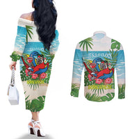Guyana Christmas Couples Matching Off The Shoulder Long Sleeve Dress and Long Sleeve Button Shirt Chilling Macaw It's 5 o'clock Somewhere - Wonder Print Shop