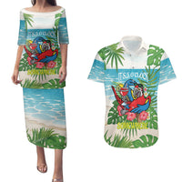 Guyana Christmas Couples Matching Puletasi and Hawaiian Shirt Chilling Macaw It's 5 o'clock Somewhere - Wonder Print Shop