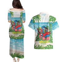 Guyana Christmas Couples Matching Puletasi and Hawaiian Shirt Chilling Macaw It's 5 o'clock Somewhere - Wonder Print Shop