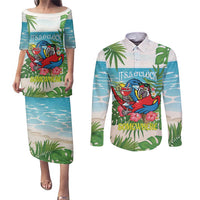 Guyana Christmas Couples Matching Puletasi and Long Sleeve Button Shirt Chilling Macaw It's 5 o'clock Somewhere - Wonder Print Shop