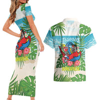 Guyana Christmas Couples Matching Short Sleeve Bodycon Dress and Hawaiian Shirt Chilling Macaw It's 5 o'clock Somewhere - Wonder Print Shop