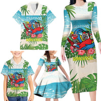 Guyana Christmas Family Matching Long Sleeve Bodycon Dress and Hawaiian Shirt Chilling Macaw It's 5 o'clock Somewhere - Wonder Print Shop