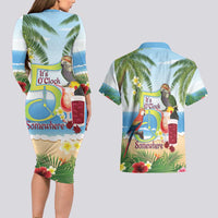 Guyana Christmas Couples Matching Long Sleeve Bodycon Dress and Hawaiian Shirt Macaw Red-fan Parrot Tropical Vibes - Wonder Print Shop