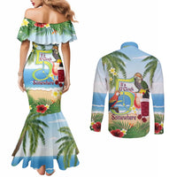 Guyana Christmas Couples Matching Mermaid Dress and Long Sleeve Button Shirt Macaw Red-fan Parrot Tropical Vibes - Wonder Print Shop