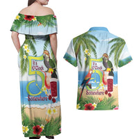 Guyana Christmas Couples Matching Off Shoulder Maxi Dress and Hawaiian Shirt Macaw Red-fan Parrot Tropical Vibes - Wonder Print Shop