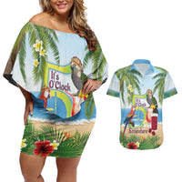 Guyana Christmas Couples Matching Off Shoulder Short Dress and Hawaiian Shirt Macaw Red-fan Parrot Tropical Vibes - Wonder Print Shop