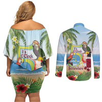Guyana Christmas Couples Matching Off Shoulder Short Dress and Long Sleeve Button Shirt Macaw Red-fan Parrot Tropical Vibes - Wonder Print Shop