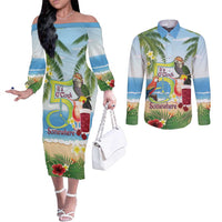 Guyana Christmas Couples Matching Off The Shoulder Long Sleeve Dress and Long Sleeve Button Shirt Macaw Red-fan Parrot Tropical Vibes - Wonder Print Shop