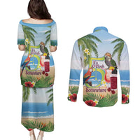 Guyana Christmas Couples Matching Puletasi and Long Sleeve Button Shirt Macaw Red-fan Parrot Tropical Vibes - Wonder Print Shop