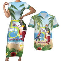 Guyana Christmas Couples Matching Short Sleeve Bodycon Dress and Hawaiian Shirt Macaw Red-fan Parrot Tropical Vibes - Wonder Print Shop