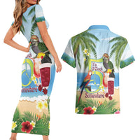 Guyana Christmas Couples Matching Short Sleeve Bodycon Dress and Hawaiian Shirt Macaw Red-fan Parrot Tropical Vibes - Wonder Print Shop