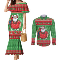 Guyana Christmas Couples Matching Mermaid Dress and Long Sleeve Button Shirt Santa With Macaw Parrot Merry Xmas - Wonder Print Shop