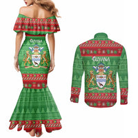 Guyana Christmas Couples Matching Mermaid Dress and Long Sleeve Button Shirt Santa With Macaw Parrot Merry Xmas - Wonder Print Shop