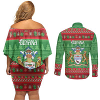 Guyana Christmas Couples Matching Off Shoulder Short Dress and Long Sleeve Button Shirt Santa With Macaw Parrot Merry Xmas - Wonder Print Shop