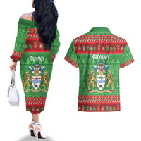 Guyana Christmas Couples Matching Off The Shoulder Long Sleeve Dress and Hawaiian Shirt Santa With Macaw Parrot Merry Xmas - Wonder Print Shop