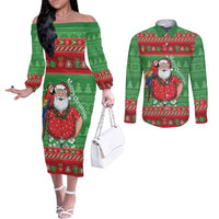 Guyana Christmas Couples Matching Off The Shoulder Long Sleeve Dress and Long Sleeve Button Shirt Santa With Macaw Parrot Merry Xmas - Wonder Print Shop
