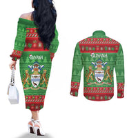 Guyana Christmas Couples Matching Off The Shoulder Long Sleeve Dress and Long Sleeve Button Shirt Santa With Macaw Parrot Merry Xmas - Wonder Print Shop