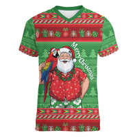 Guyana Christmas Women V-Neck T-Shirt Santa With Macaw Parrot Merry Xmas - Wonder Print Shop