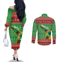 Personalized Guyana Cricket Christmas Couples Matching Off The Shoulder Long Sleeve Dress and Long Sleeve Button Shirt Amazon Warriors Merry Xmas - Wonder Print Shop