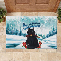 Iceland Yule Cat Christmas Rubber Doormat Jolakotturinn With Poinsettia - Winter Vibes - Wonder Print Shop