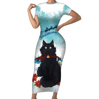Iceland Yule Cat Christmas Short Sleeve Bodycon Dress Jolakotturinn With Poinsettia - Winter Vibes - Wonder Print Shop