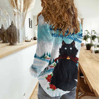 Iceland Yule Cat Christmas Women Casual Shirt Jolakotturinn With Poinsettia - Winter Vibes - Wonder Print Shop
