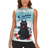 Iceland Yule Cat Christmas Women Sleeveless Polo Shirt Jolakotturinn With Poinsettia - Winter Vibes - Wonder Print Shop