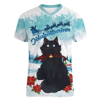 Iceland Yule Cat Christmas Women V-Neck T-Shirt Jolakotturinn With Poinsettia - Winter Vibes - Wonder Print Shop