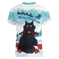 Iceland Yule Cat Christmas Women V-Neck T-Shirt Jolakotturinn With Poinsettia - Winter Vibes - Wonder Print Shop