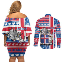 Iceland Christmas Couples Matching Off Shoulder Short Dress and Long Sleeve Button Shirt Gyrfalcon Santa Merry Xmas - Wonder Print Shop