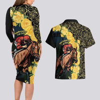 Melbourne Horse Racing Couples Matching Long Sleeve Bodycon Dress and Hawaiian Shirt Yellow Roses - Ready Set Gallop! - Wonder Print Shop