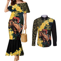 Melbourne Horse Racing Couples Matching Mermaid Dress and Long Sleeve Button Shirt Yellow Roses - Ready Set Gallop! - Wonder Print Shop
