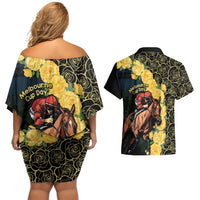 Melbourne Horse Racing Couples Matching Off Shoulder Short Dress and Hawaiian Shirt Yellow Roses - Ready Set Gallop! - Wonder Print Shop