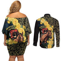 Melbourne Horse Racing Couples Matching Off Shoulder Short Dress and Long Sleeve Button Shirt Yellow Roses - Ready Set Gallop! - Wonder Print Shop